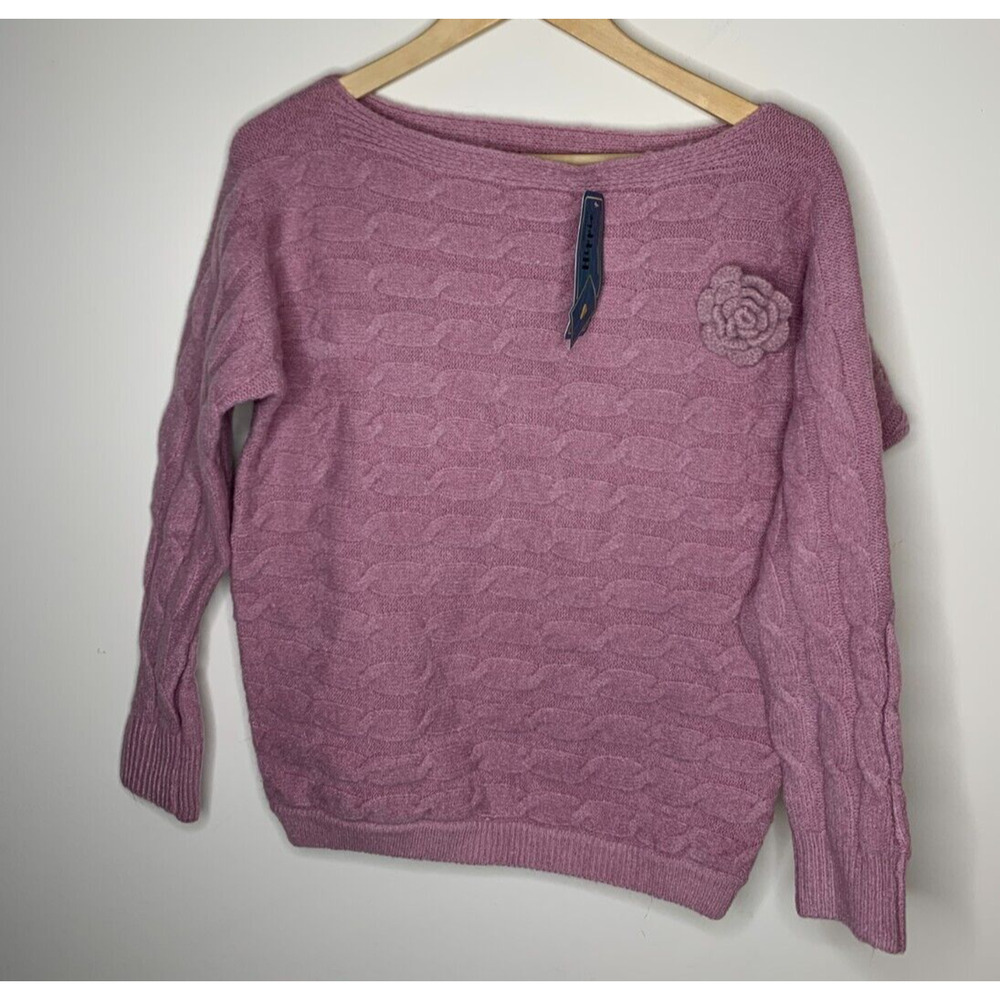 Military Hippie Women L/XL Sweater Chunky Off Shoulder Purple Wool Mohair Flower